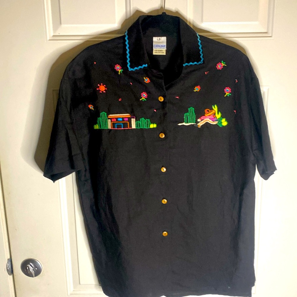 Catalina Embroidered SS Button up Blouse - Sz 8 Black NWOT